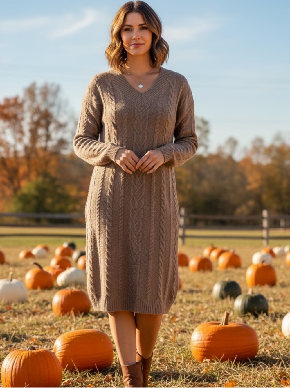 Cable Knit V-Neck Sweater Dress - Camel
